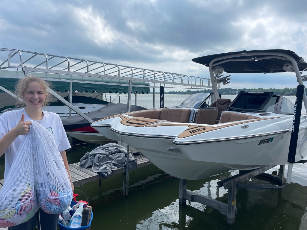Spotless red and white sports boat
