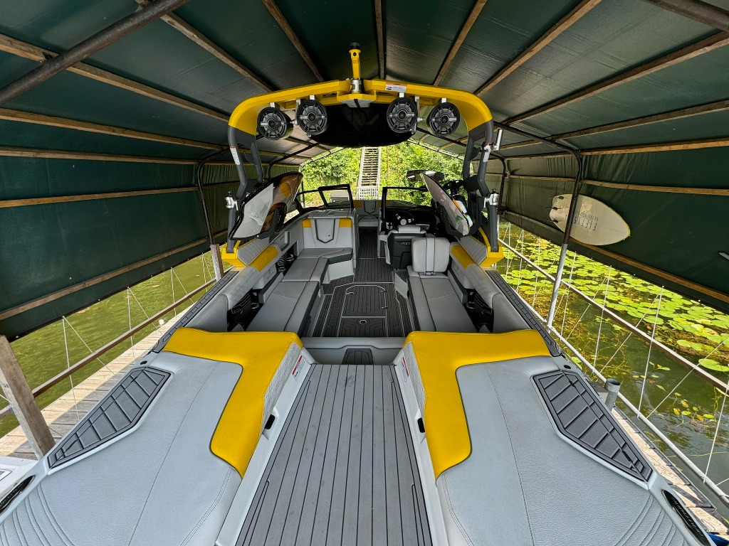 Boat interior and deck with yellow accents