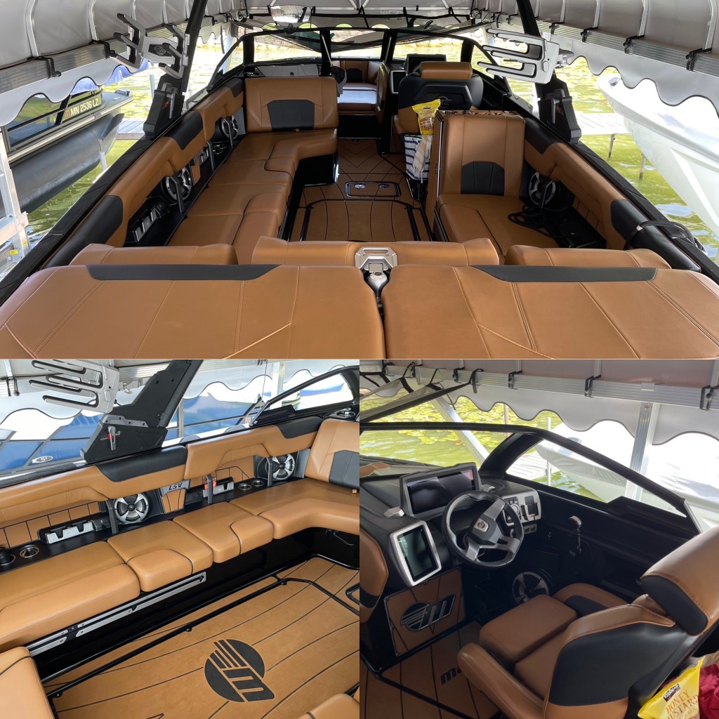 Clean tan boat interior and helm